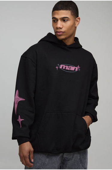 Oversized Man Star Puff Printed Hoodie - black