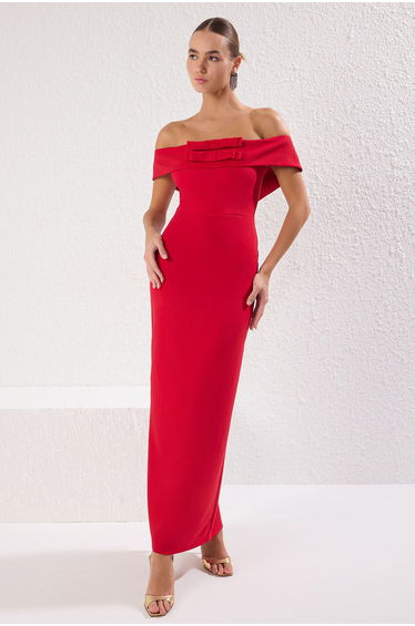 Red Carmen Collar Bowknot Woven Long Elegant Evening & Graduation Dress