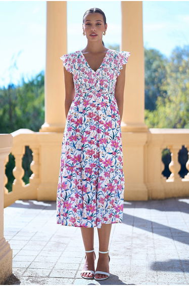 Yumi White Viscose Floral Ruched Waist Midi Dress
