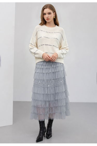 Rhinestone Pearl Embellished Tiered Mesh Maxi Skirt in Dusty Blue for Birthday Dinner & Bridesmaid Occasion