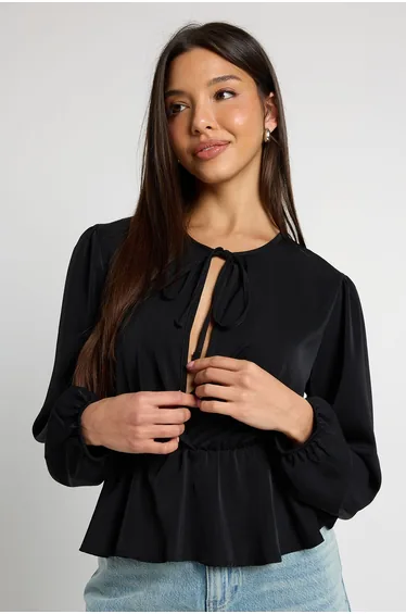 Tie Front Peplum Hem Top - black
