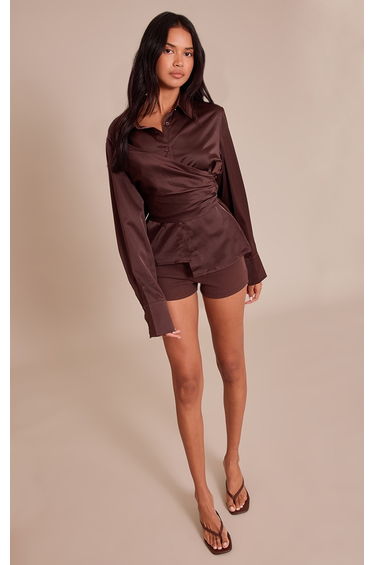 Chocolate Satin Drape Detail Long Sleeve Shirt