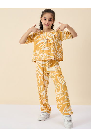 Girls Mustard Leaf Print Rayon Top and Pants Set