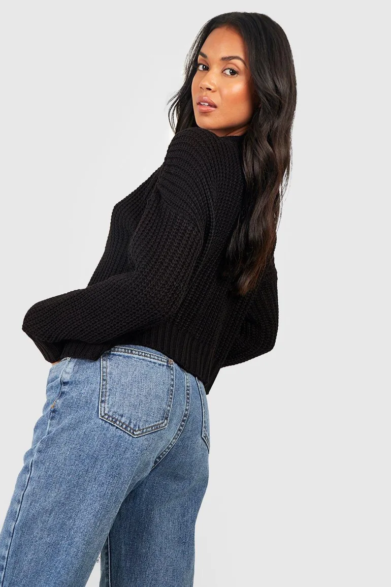 Chunky Knit Cropped Cardigan - black - 1