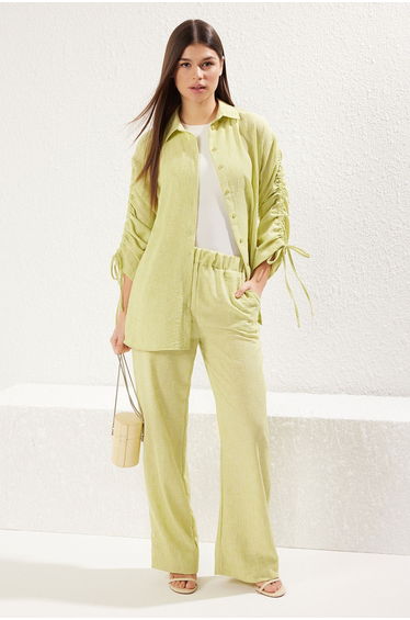 Oil Green Linen Look with Gathered Detail Woven Bottom-Top Set