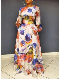 High Waisted Loose Contrast Color Pockets Round-Neck Maxi Dresses