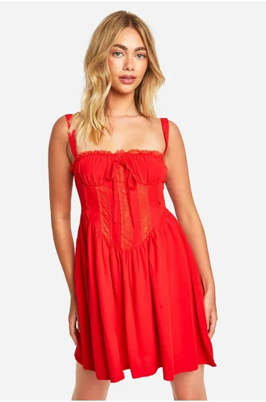 Lace Corset Smock Dress - red