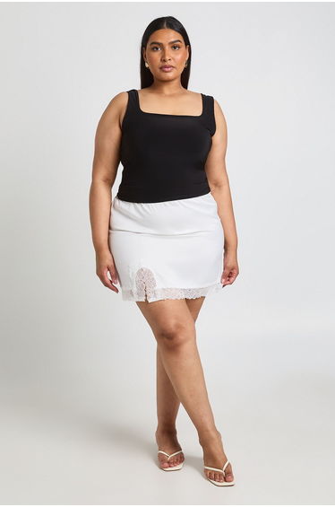 Plus Satin Lace Trim Mini Skirt - ivory