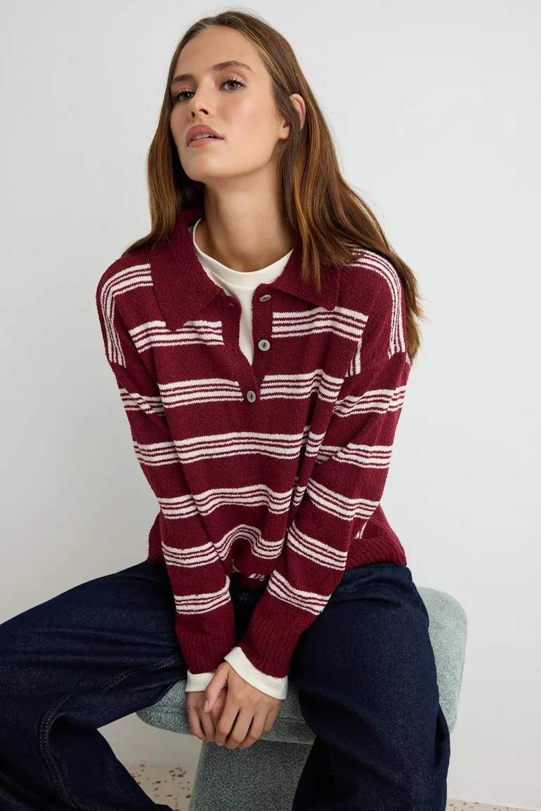 Plum Striped Soft Textured Knitwear Sweater - 1