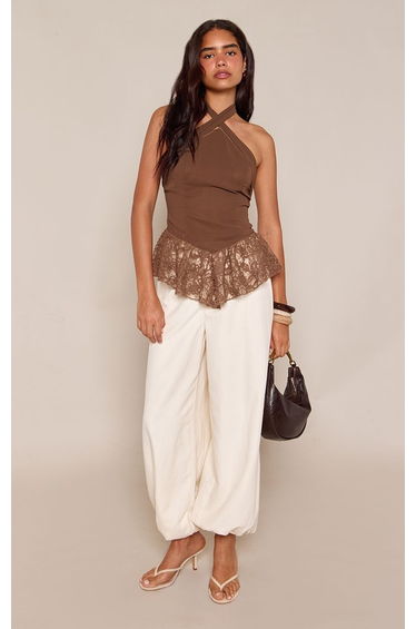 Chocolate Chiffon Frill Hem Halterneck Top