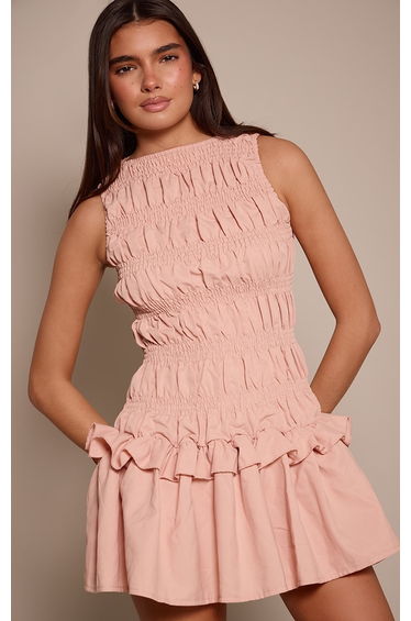 Baby Pink Tailored Shirred Frill Shift Dress