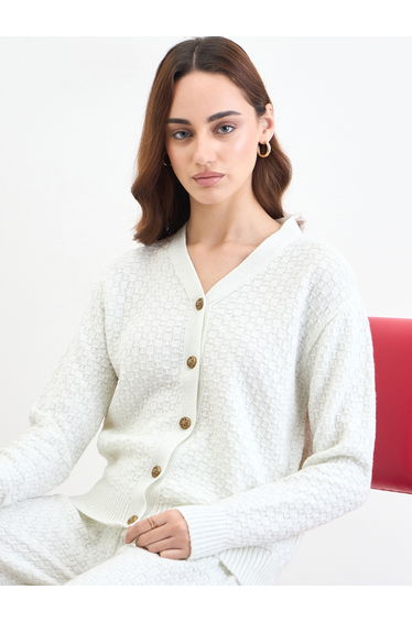 Off White Lurex Knit Cardigan and Pants Co-Ords