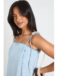 Petite Strappy Dropped Hem Denim Mini Dress - bleach wash - 3