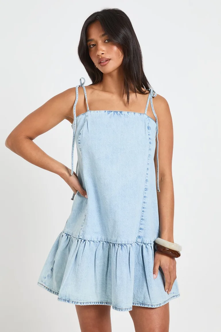 Petite Strappy Dropped Hem Denim Mini Dress - bleach wash - 1