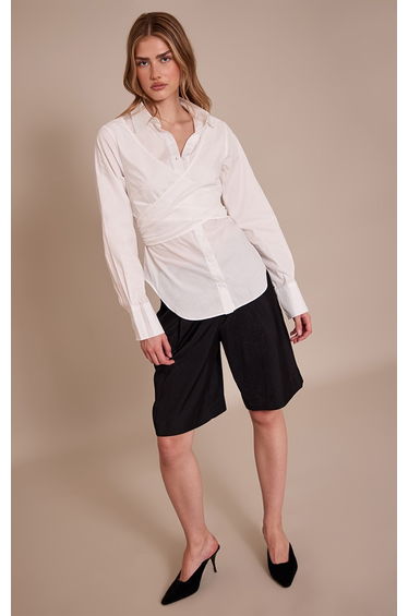 White Cotton Wrap Detail Longline Shirt