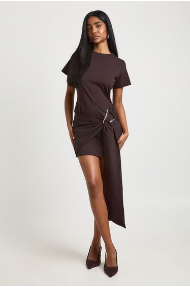 Gold Trim Belted Cap Sleeve Dress - chocolate