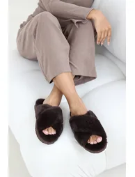 Blakelie Brown Faux Fur Cross Over Strap Slippers