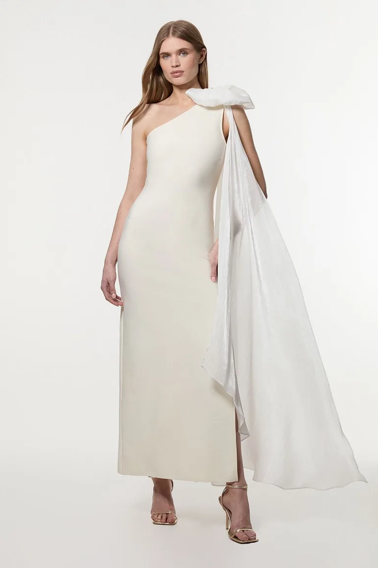 Petite Bandage Figure Form Knit Woven Cape Detail Maxi Dress