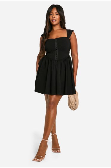 Plus Woven Stretch Corset Detail Short Sleeve Floaty Mini Dress - black