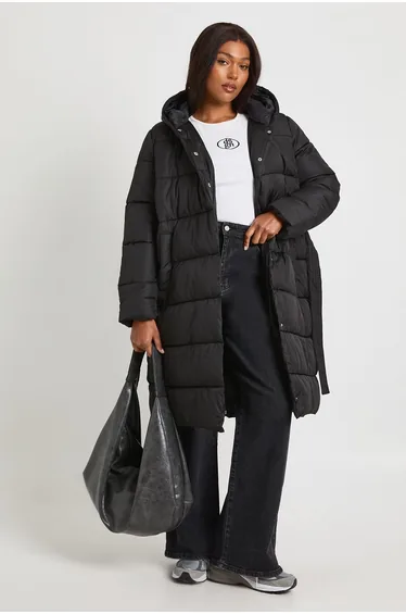 Plus Belted Longline Puffer Jacket - black
