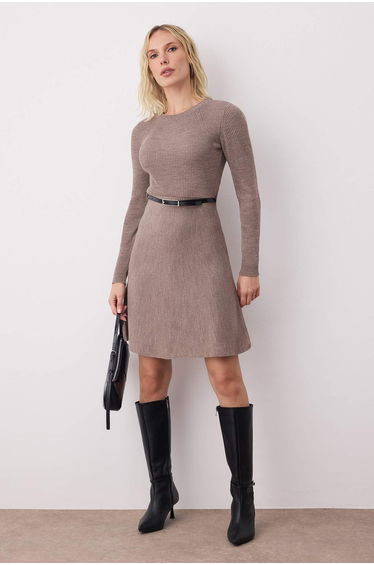 Mink A-line Mini Knitted Belted Dress