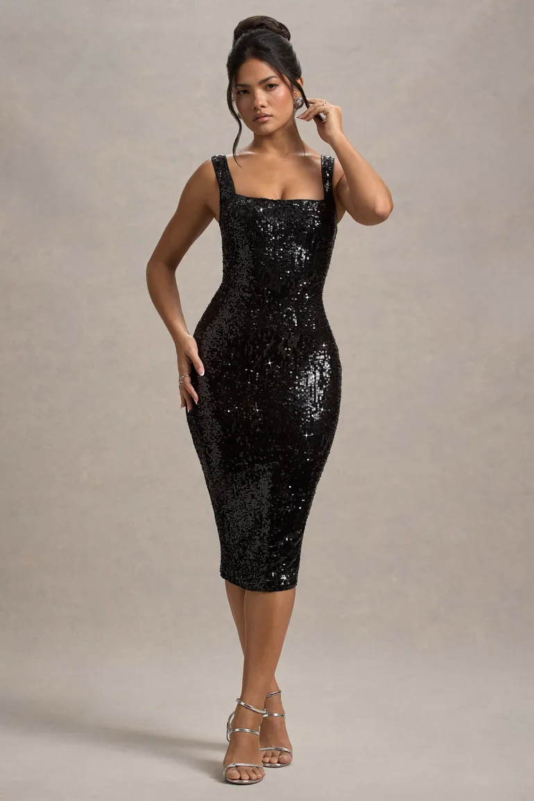 square neck sequin midi dress Black Sheer Sequin Square Neck Midi Dress