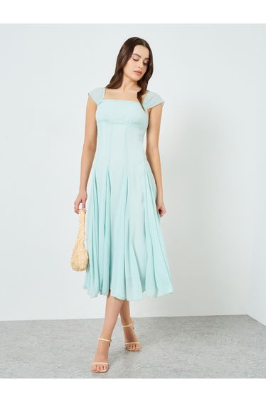 Women Turquoise Sleeveless Fitted Waist Midi Dress