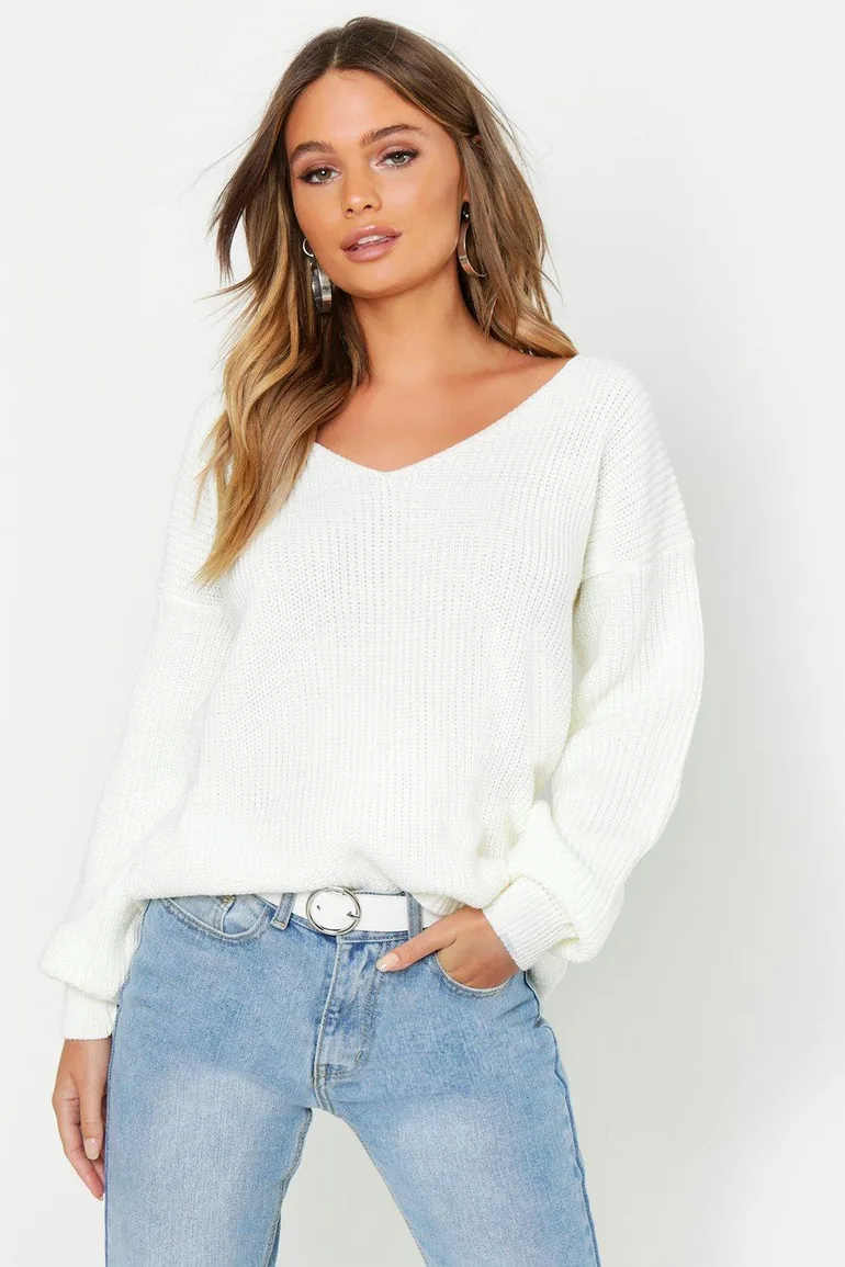 Oversized V Neck Jumper - cream