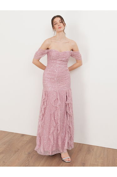 Maya Fully Embellished Bardot Maxi Dress with Waterfall Ruffles