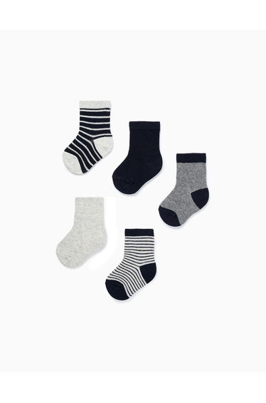 Pack of 5 Pairs of Plain/Striped Socks for Baby Boys, Grey/Blue