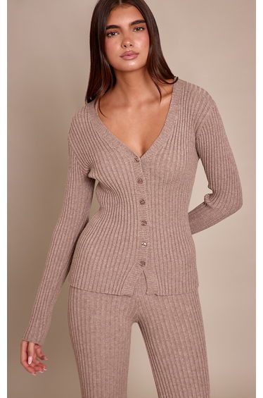 Taupe Ribbed Knitted Long Sleeve Button Down Cardigan