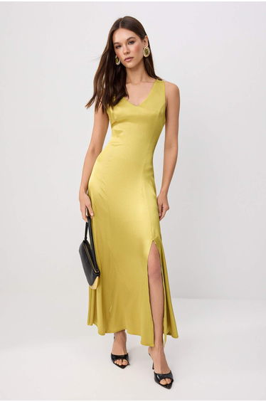 Oil Green Plain Maxi Woven Dress