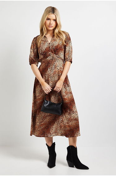 Leopard Collared Button Detail Puff Sleeve Midi Dress