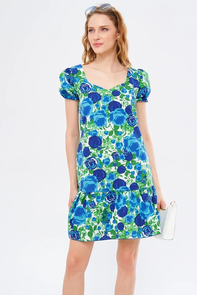 Women's Blue Dekaohto Dress Sleeve Elastic Skirt Frilly Back Zipper Mini Size - 2