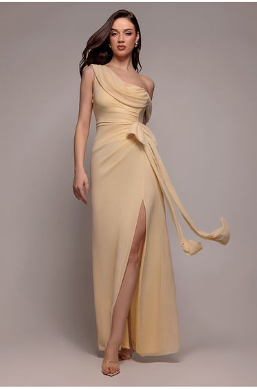 One Shoulder Cowl With Bow Detail Maxi Dress - Butter Yellow by Goddiva