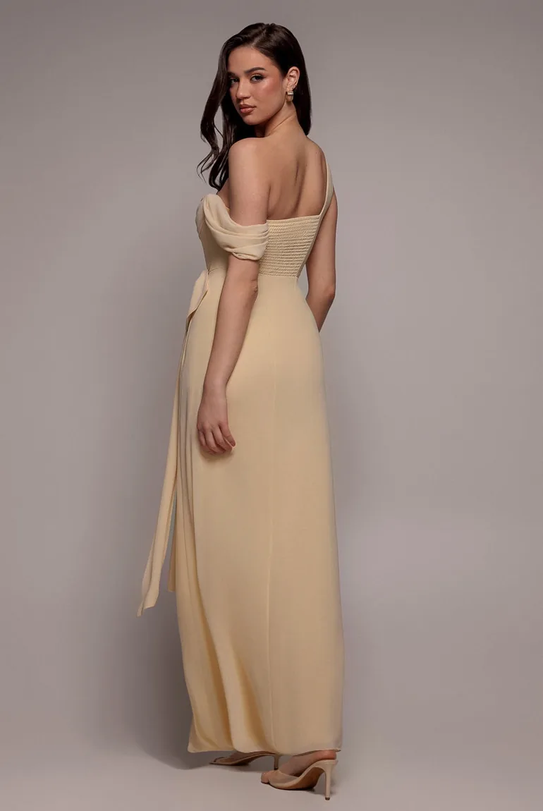 One Shoulder Cowl With Bow Detail Maxi Dress - Butter Yellow by Goddiva - 1