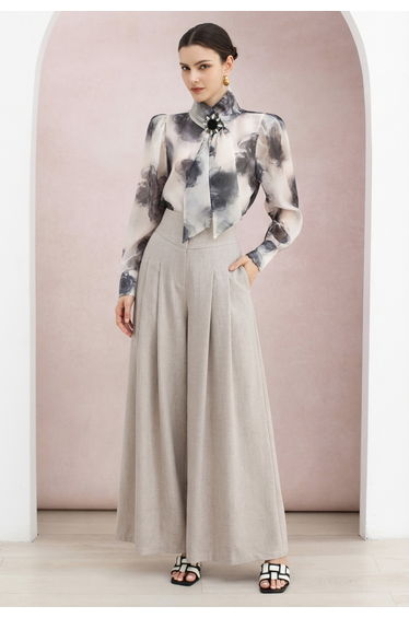 Front Pleats High Waist Wide-Leg Pants in Oatmeal for Office Days & City Evenings