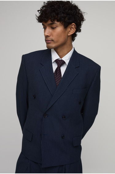 Pinstripe Oversized Boxy Double Breasted Blazer - navy
