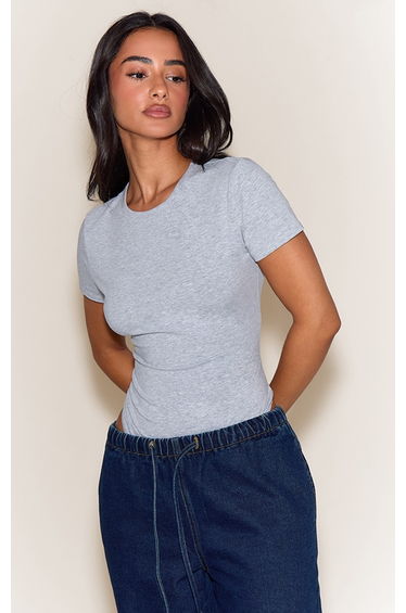 Petite Ash Grey Cotton Crew Neck Short Sleeve Bodysuit
