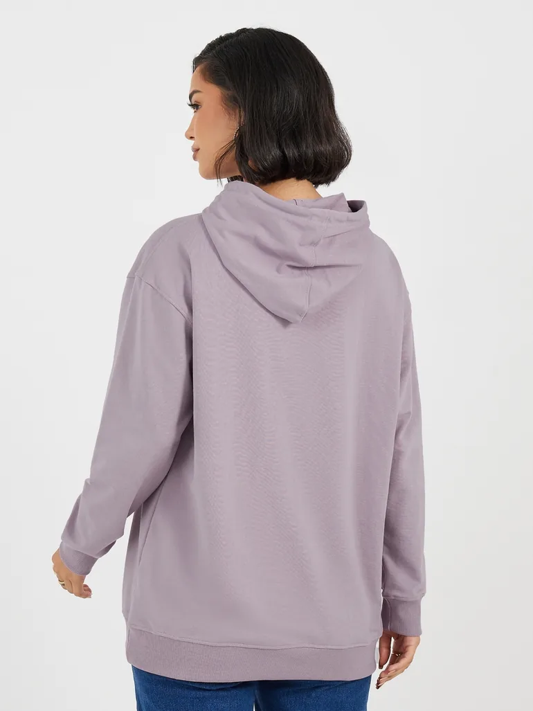 Regular Fit Longline Embroidered Slogan Hoodie - 3