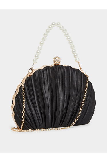 Black Pleated Clutch with Faux Pearl Handle