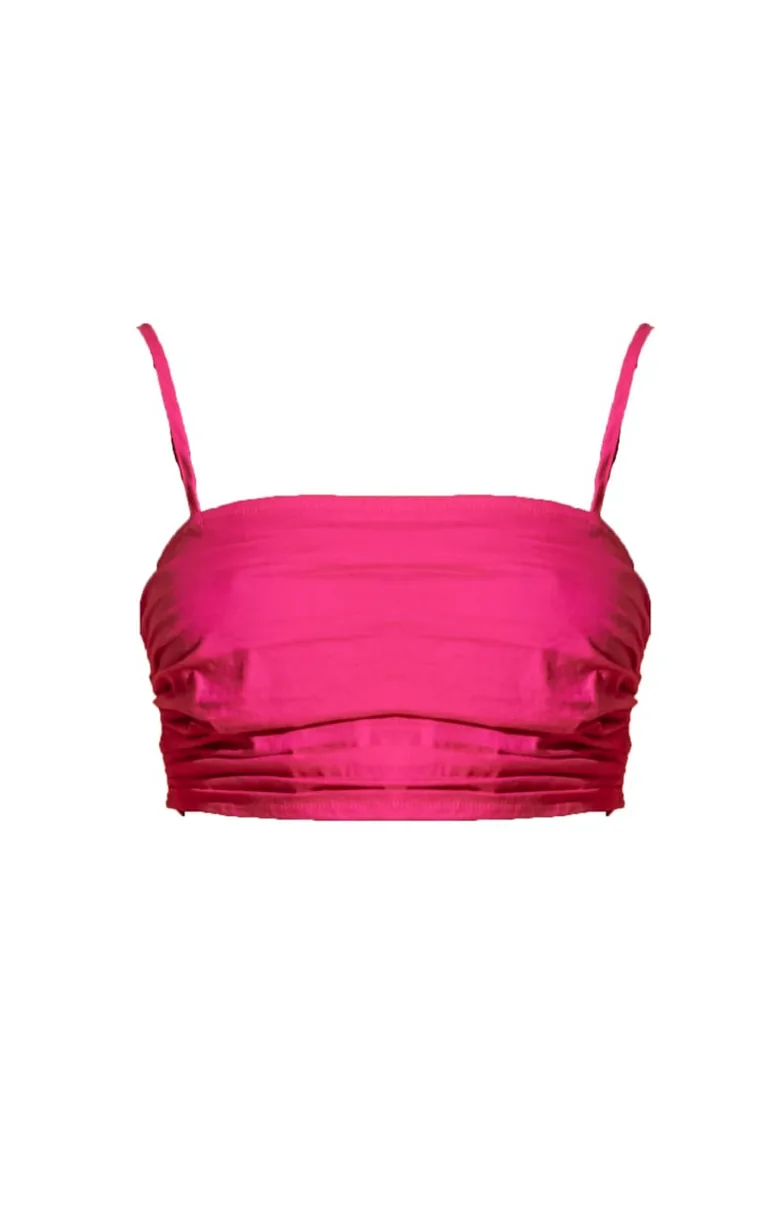 Hot Pink Ruched Tie Strap Crop Top - 4