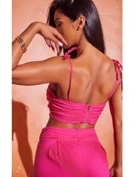 Hot Pink Ruched Tie Strap Crop Top - 2