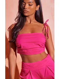 Hot Pink Ruched Tie Strap Crop Top - 3