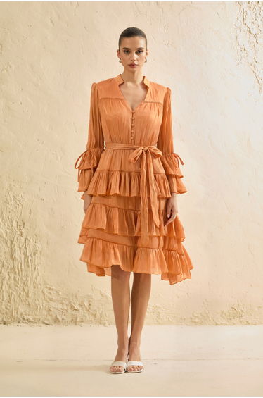 Keep It Interesting Orange V-Neck Tiered Ruffle Midi Dress