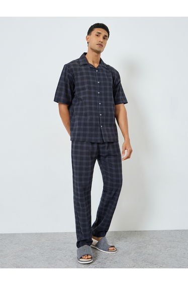 Men Checked Print Buttoned Shirt and Pyjama Set