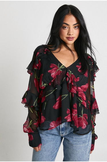 Floral Ruffle Chiffon Blouse - black