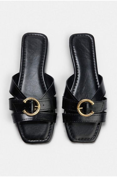 Black Gold Buckle Detailed Women's Slippers