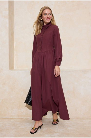 Plum Princess Waist Cutout Detailed Cotton Blend Dress