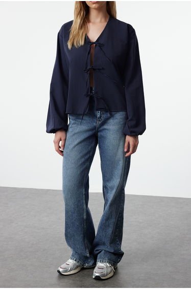 Navy Blue Front Tie Woven Shirt